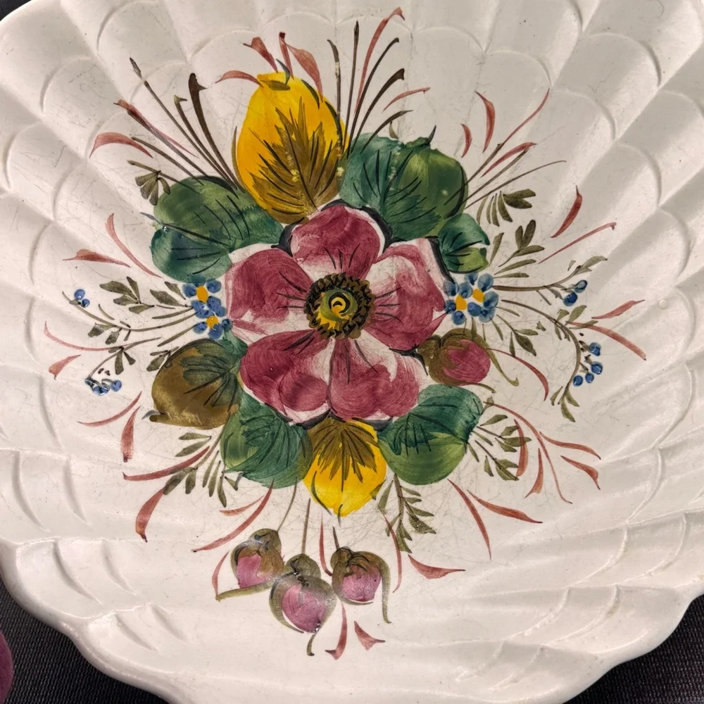 Vintage Italian Pottery Large Scalloped Edge Bowl Hand Painted Florals Italy
